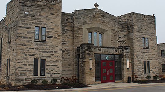 Front entrance of Holy Spirit Catholic Church in Indianapolis, IN