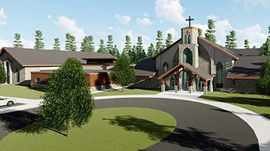 Drawing of the exterior of the proposed new church for Our Lady of the Lakes Catholic Church, Pequot Lakes, MN.