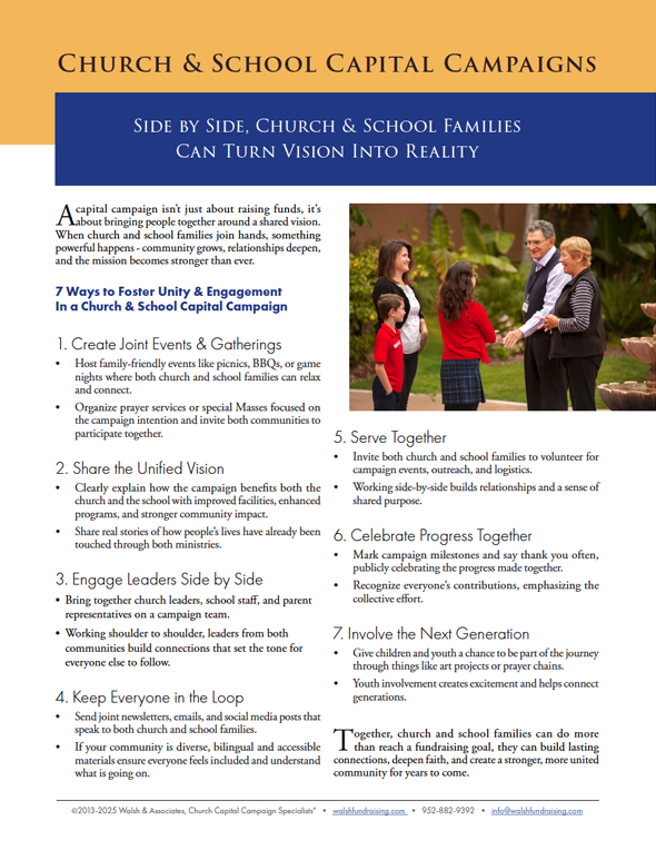 Thumbnail of PDF document: Church and School capital campaign: side by side church and school families can turn vision into reality document.