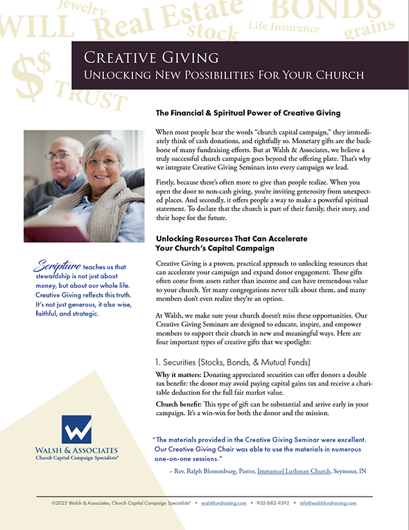 Walsh & Associates Church Capital Campaign Specialists - Creative Giving - Unlocking New Possibilities For Your Church Capital Campaign