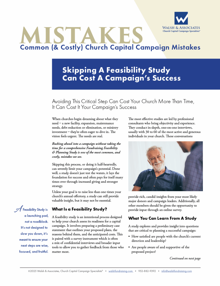 Thumbnail of PDF: Mistakes: Common (& Costly) Church Capital Campaign Mistakes - Skipping A Feasibility Study