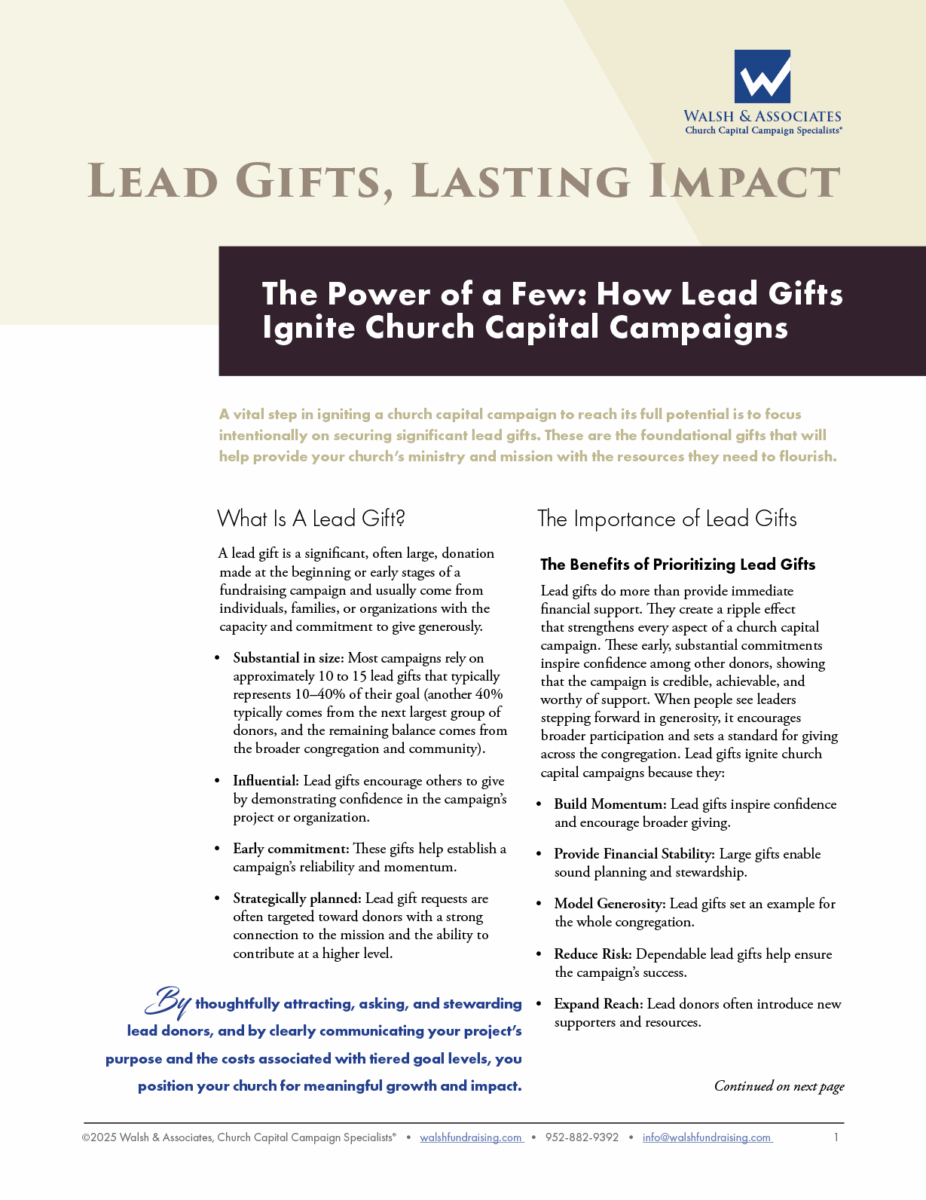 Walsh & Associates document: Lead Gifts, Lasting Impact - How Lead Gifts Ignite Church Capital Campaigns