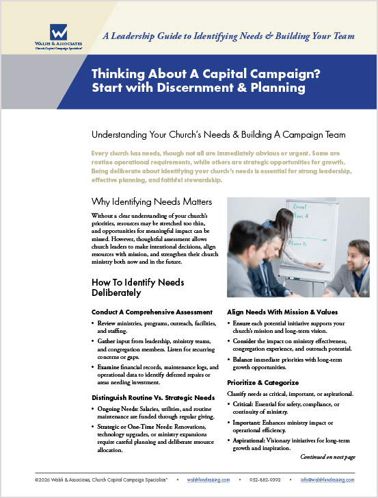 Thumbnail of PDF: Thinking About A Capital Campaign? Start With Discernment & Planning by Walsh & Associates, Church Capital Campaign Specialists